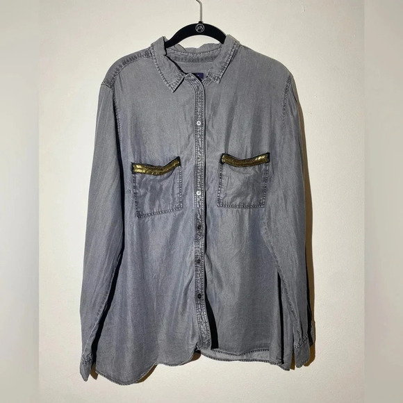 Tops - Denim Button-Up Shirt with Gold Accents